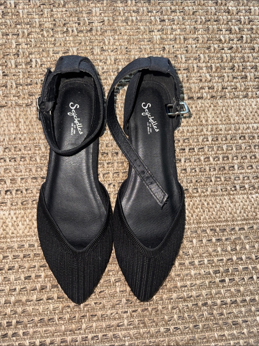 Seychelles Black Pointed Knit Ankle-Strap Flats